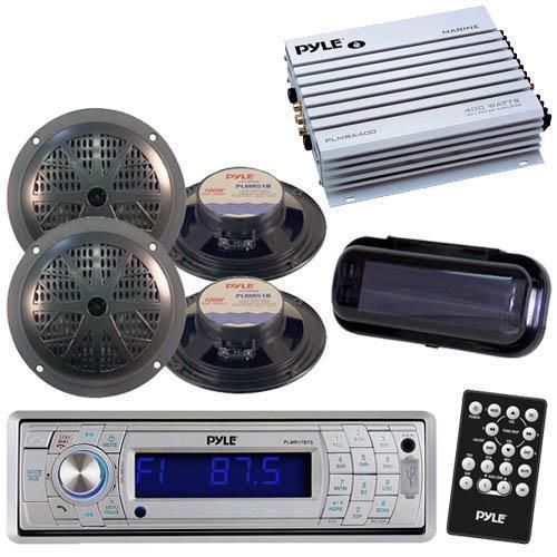 New marine am/fm silver radio &amp; wireless bluetooth 400w amp 4 speakers cover pkg