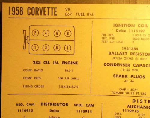 1958 chevrolet corvette eight 283 cubic inch v8 w/fuel injection tune up chart