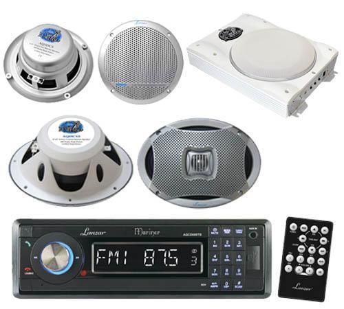 New lanzar marine cd/mp3 am/fm stereo w/bluetooth 1000w slim amp /4 speakers pkg