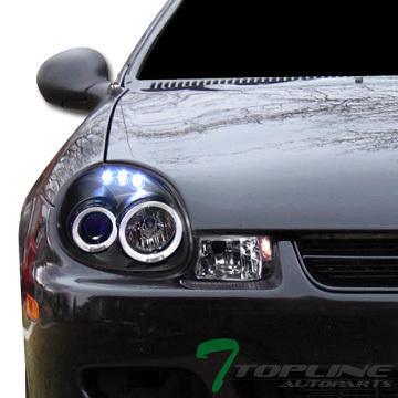 Blk drl led dual halo rims projector head lights lamps signal 00-02 dodge neon