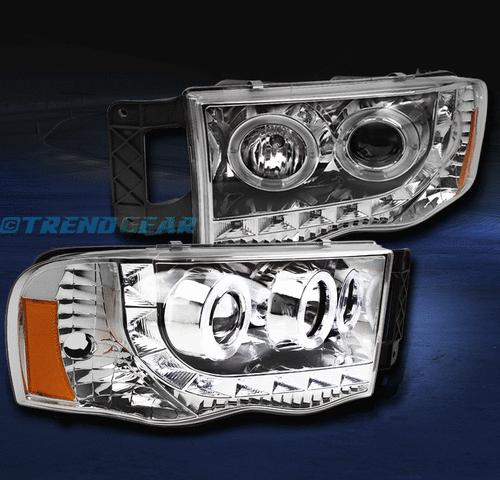 02-05 dodge ram 1500/03+ 2500 3500 halo led strip projector headlight chrome set