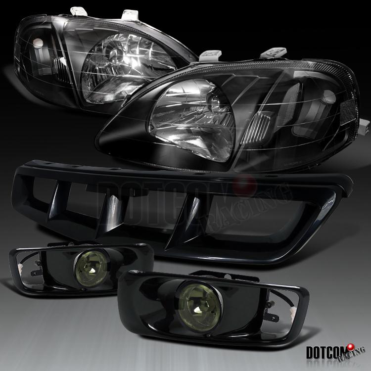 Black 99-00 honda civic crystal headlights+front hood grill+smoke fog lights