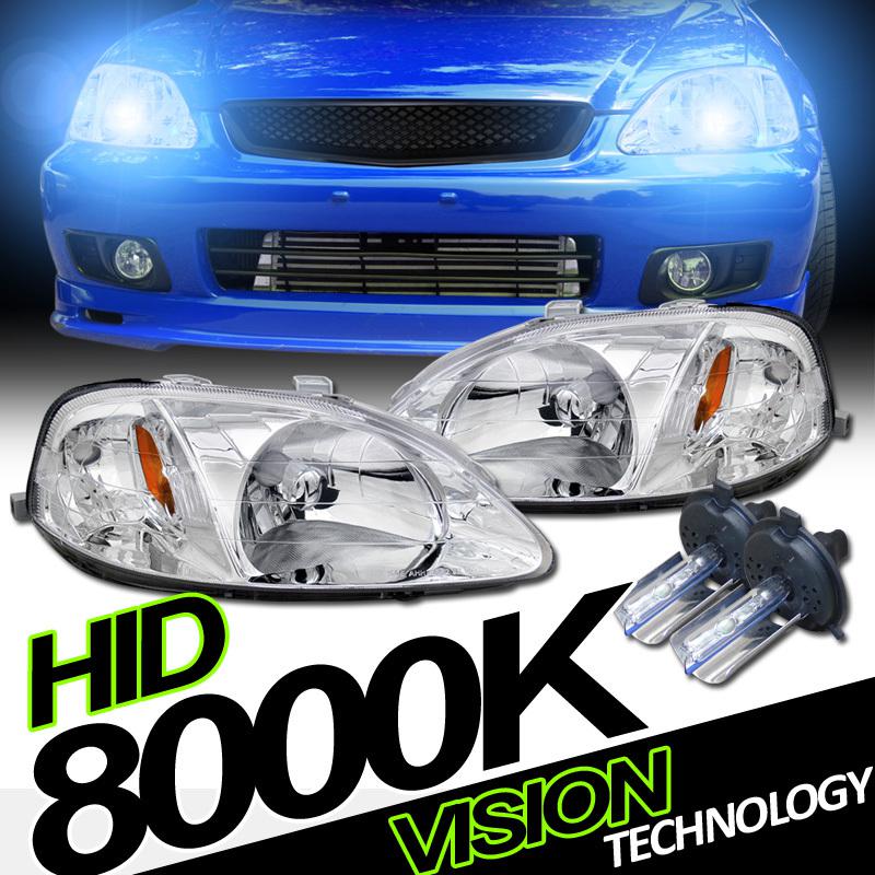 8000k hid kit 99-00 civic chrome housing clear lens headlights headlamps w/amber