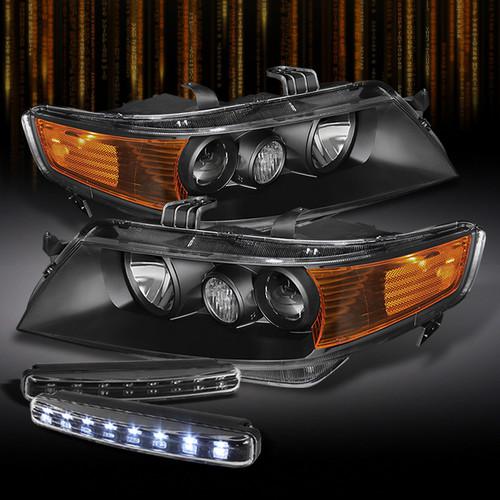 04-05 acura tsx black sedan 4dr projector headlights lamps+drl led running lamps