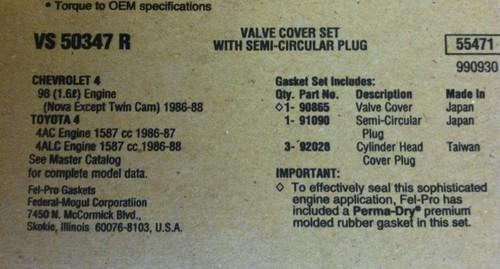 Fel-pro vs50347r engine valve cover gasket set toyota corolla chevrolet nova 1.6