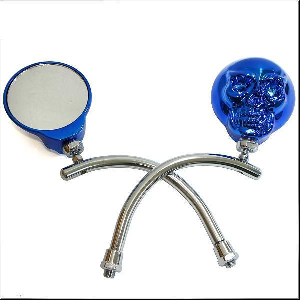 Motorcycle 10mm 8mm clockwise skull rear view mirror blue