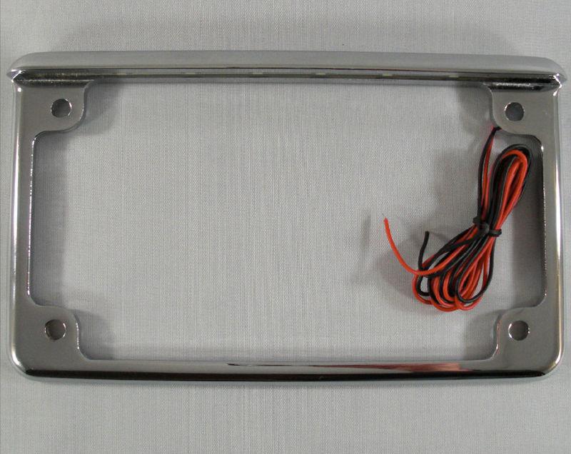 Chrome license plate frame w/ white led light bar for sport & cruiser motorcycle