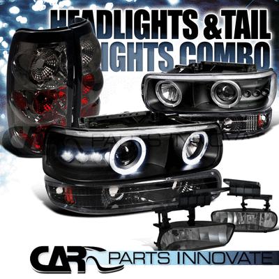 99-02 silverado black halo led projector headlight+bumper+smoke fog+tail light