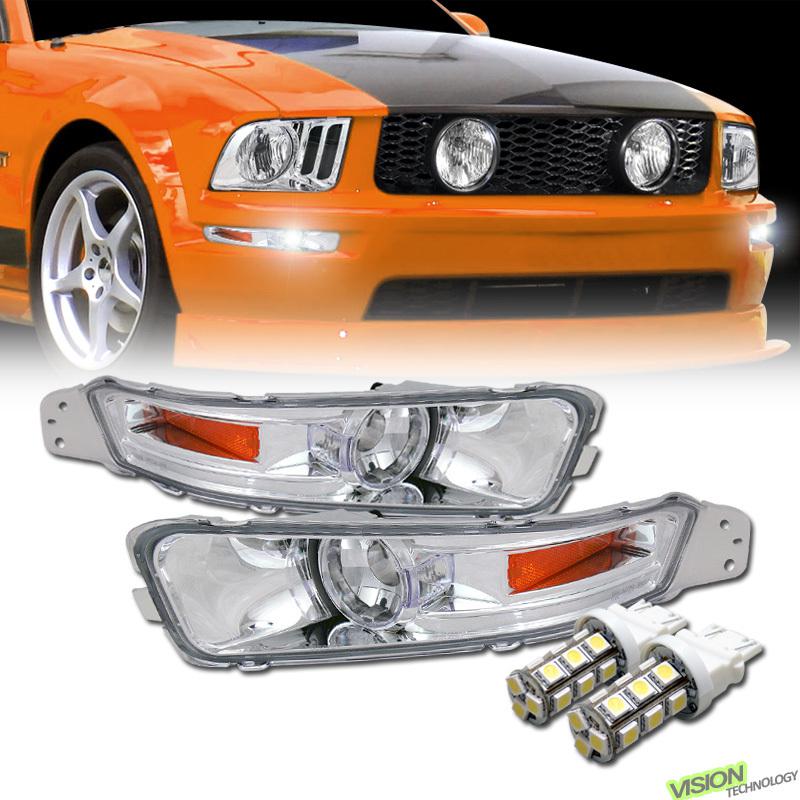 05-09 mustang euro clear front bumper signal lights w/ amber+white smd led bulbs