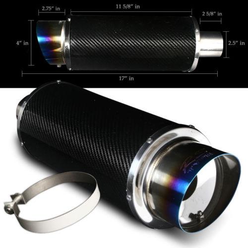 Universal carbon fiber 2.5" inlet / 4" short slant blue tip muffler 