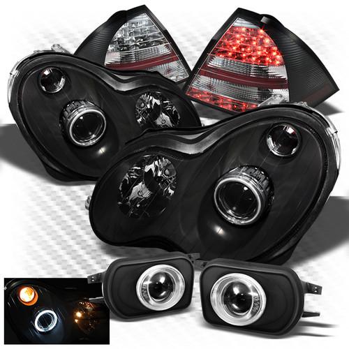 01-05 w203 c-class black ccfl pro headlights + led tail lights + pro fog lights