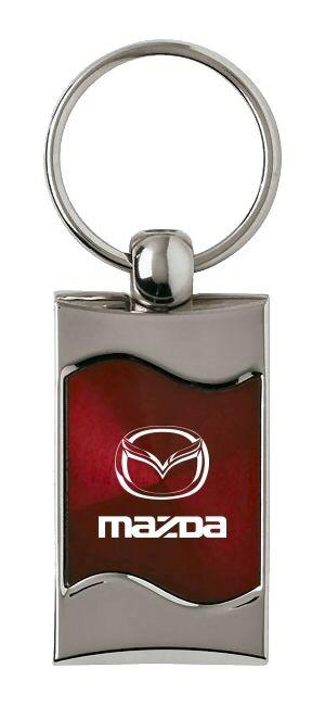 Mazda burgundy rectangular wave metal key chain ring tag key fob logo lanyard