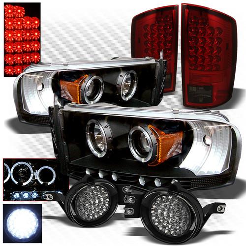 02-05 ram 1500, 03-05 2/3500 black headlights + r/s led tail lights + fog lights