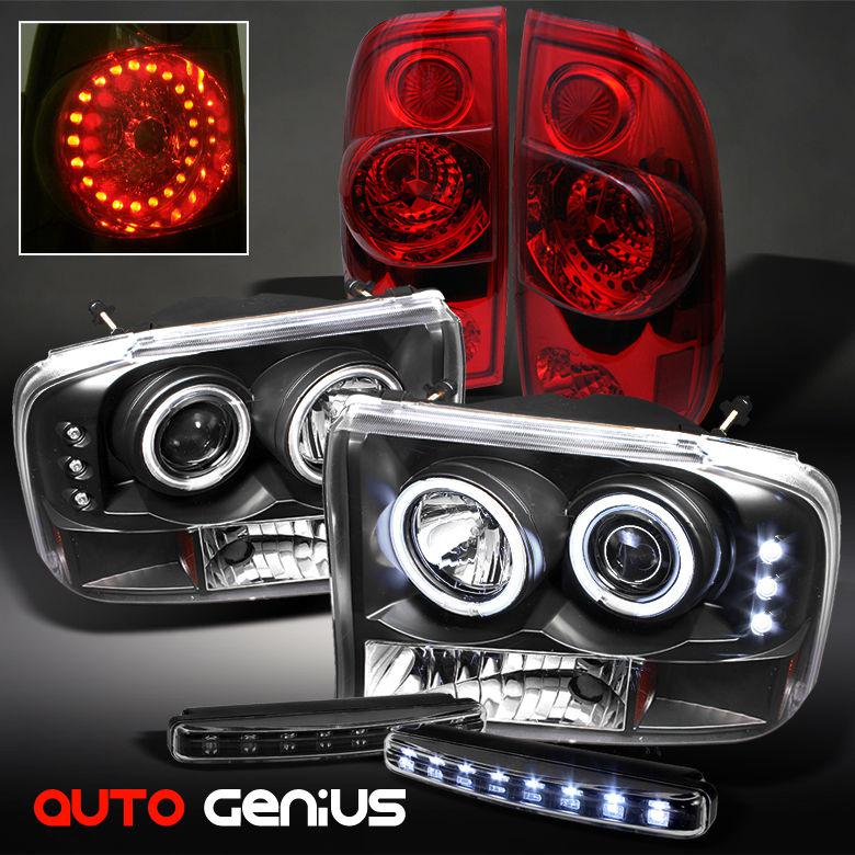 99-04 f2/350 1pc blk ccfl projector headlights + red led ring tail lights + drl