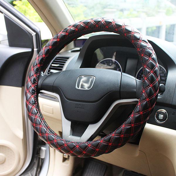 Soft pu leather stitched steering wheel cover 38cm dia black and red line