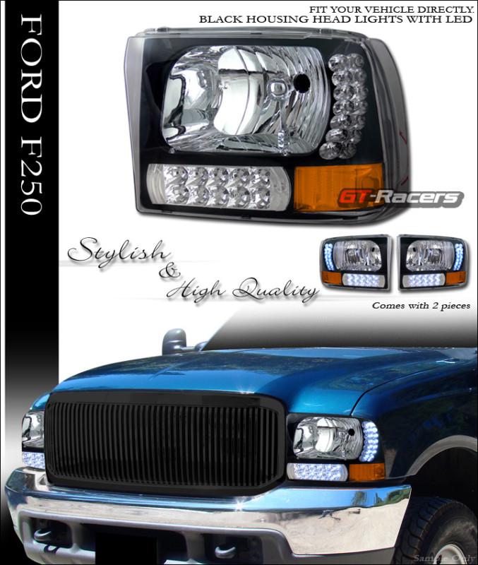 Black amber drl led head lights lamps signal corner 1p 99-04 f250 f350 excursion