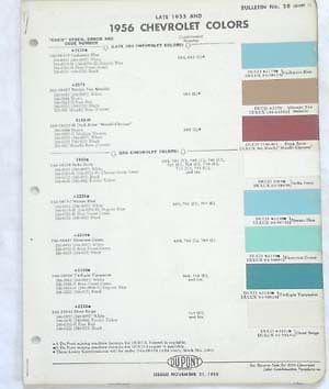 1956 chevrolet dupont   color paint chip chart all models original 