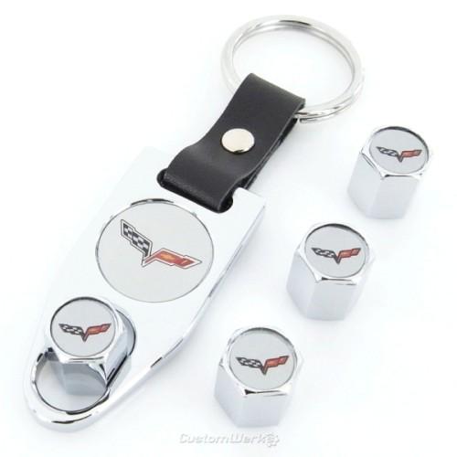 Corvette c6 tire stem valve caps + wrench key chain