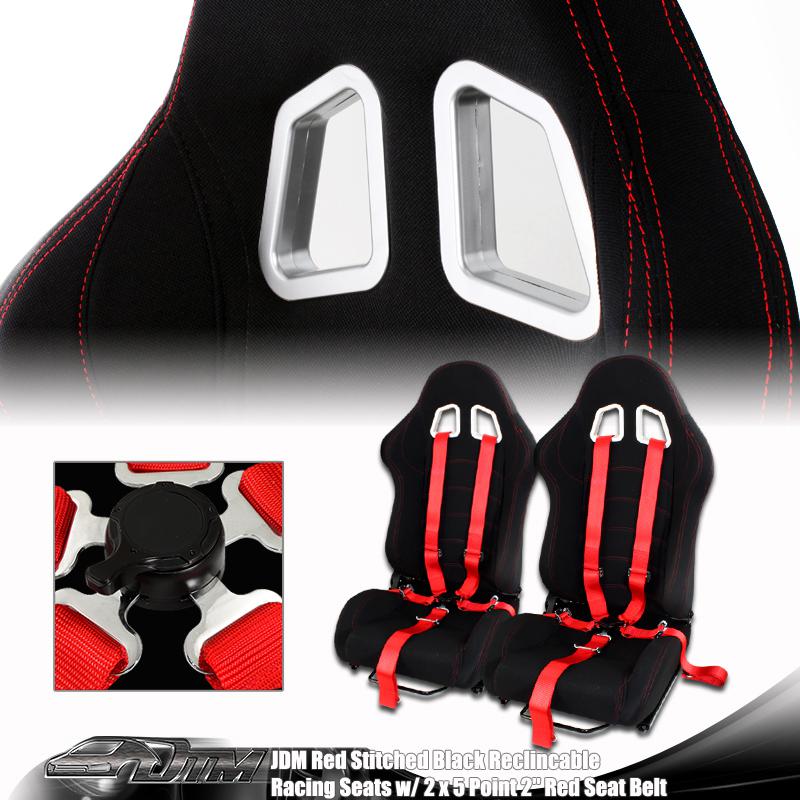 Universal black cloth jdm t1 style racing seats +red 5 point cam lock harnesses