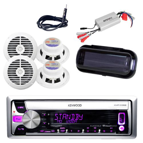 Kenwood marine aux usb cd player w/6.5&#034; white speakers, 800w amp, antenna, cover