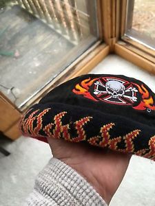 Biker skull cap bullet button embroidered skull over cross &amp; flames by capsmith