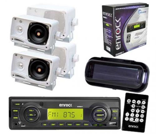 Enrock boat yacht 200w mmc usb aux media receiver black w/cover &amp; 4 box speakers