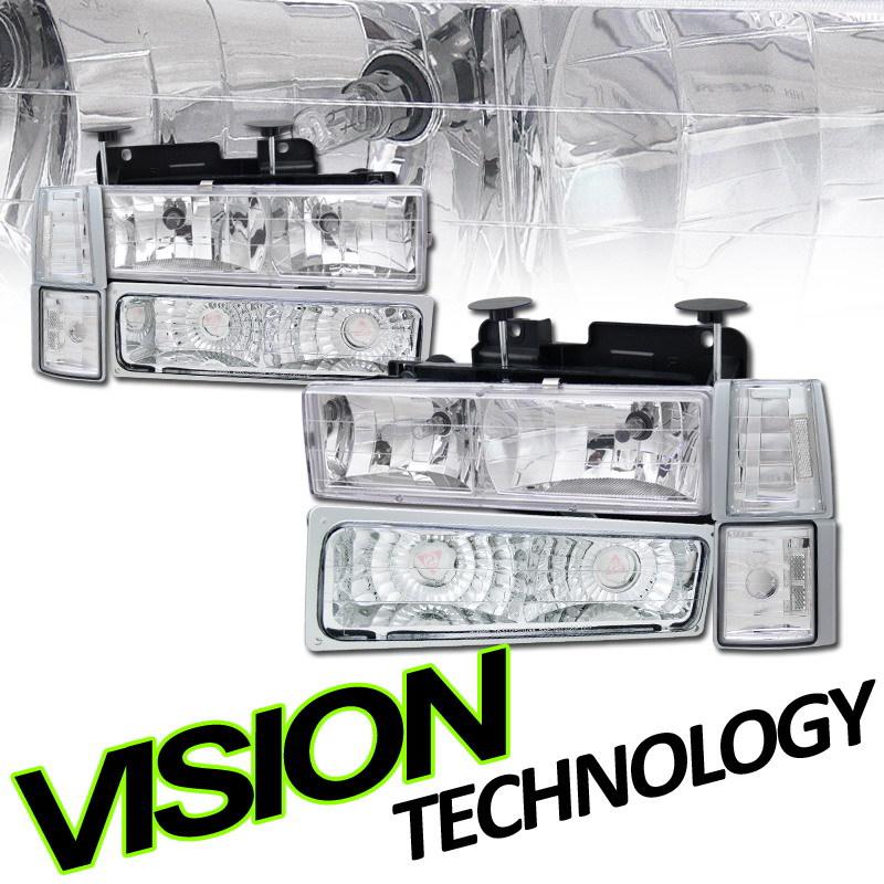 1994-1999 gmc yukon chrome housing clear lens headlights+bumper+corner lights