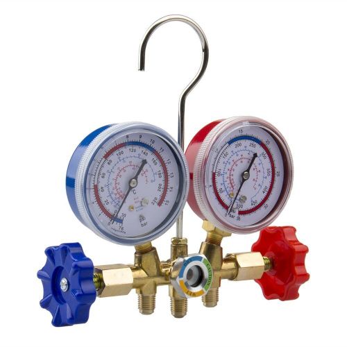 A/c hvac diagnostic service manifold gauges set of 3 color hoses for refrigerant