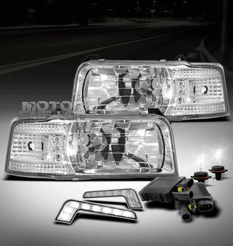 92-96 ford bronco f150 f250 f350 led crystal head light set+bumper drl+hid 6000k