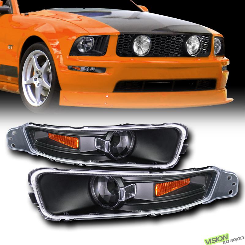 Pair 05-09 mustang jdm blk bumper signal/parking lights lamps w/ amber reflector