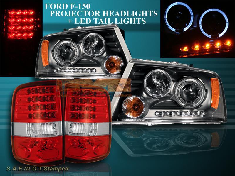 04-08 ford f150 2halo led projector headlights black + led tail lights red clear