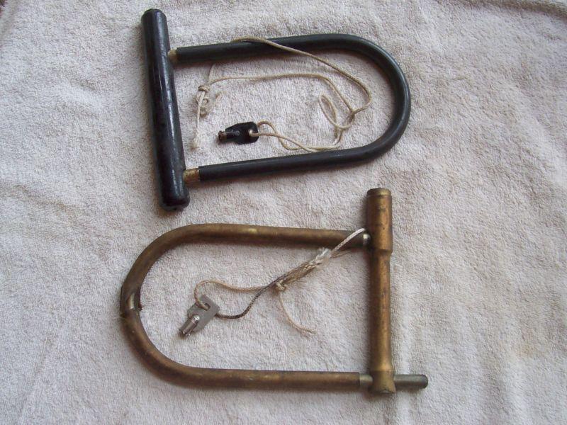 2 vintage, motorcycle locks w/ keys, heavy kryptolok & fort lock, both work, vg.