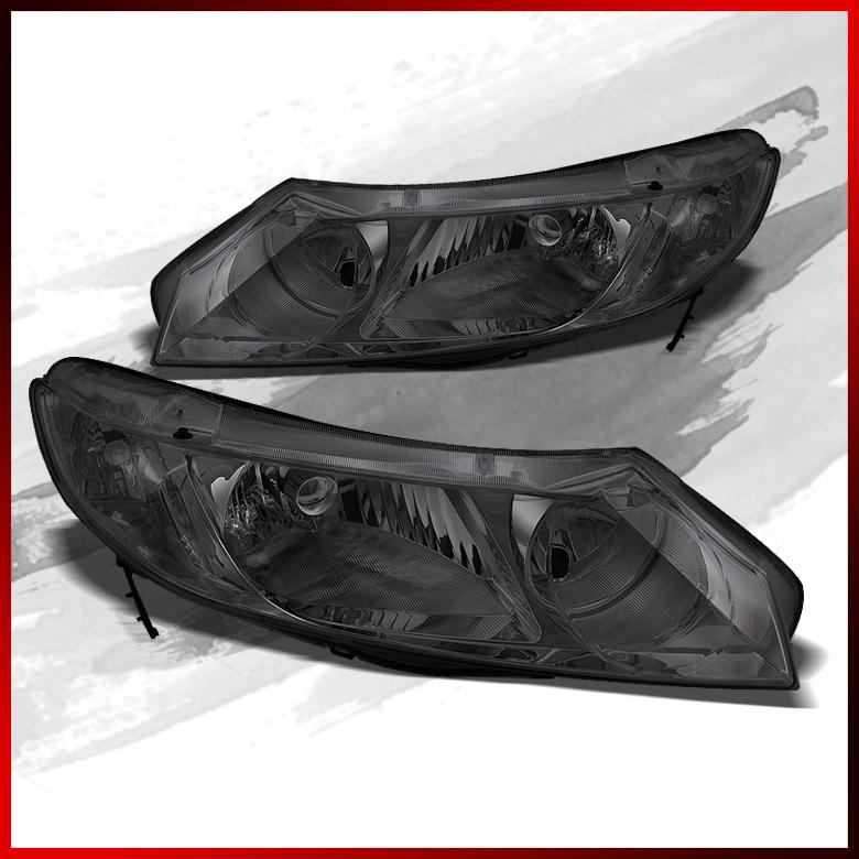 06-08 civic 4dr smoked crystal headlights chrome housing lamps replacement set