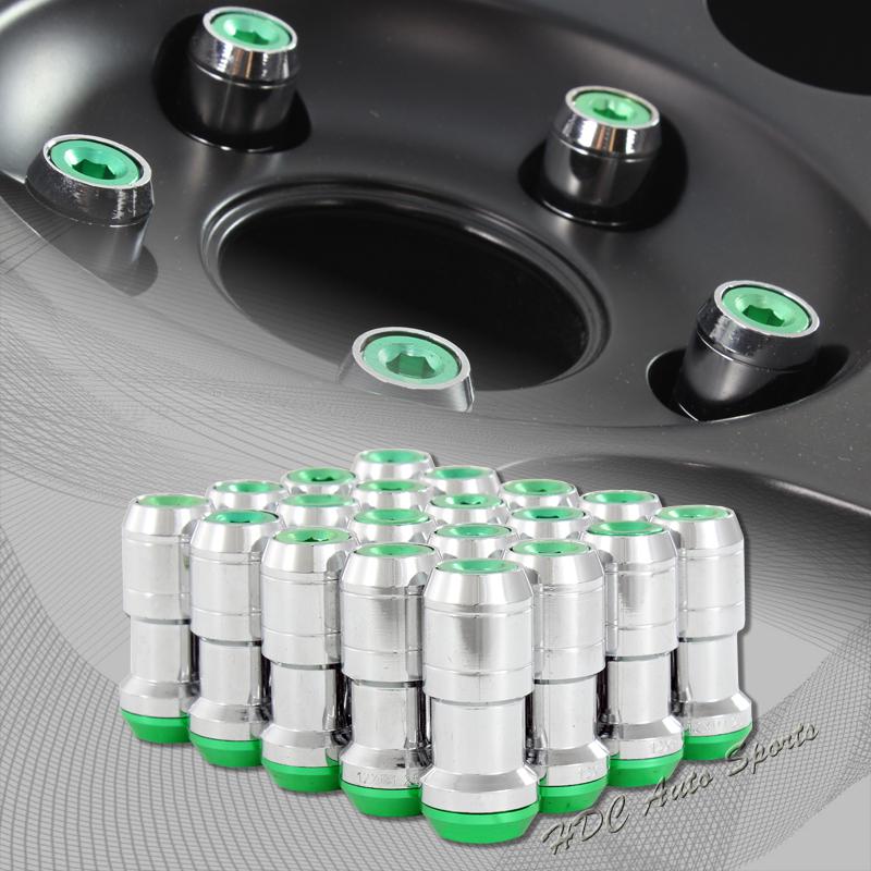 20pcs m12 x 1.25mm thread pitch wheel rim tuner 1.9" long lug nuts green/chrome