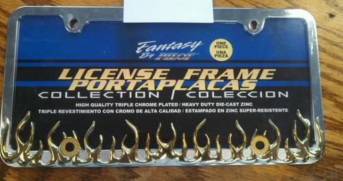 New* license plate cover chrome w/ gold flames 