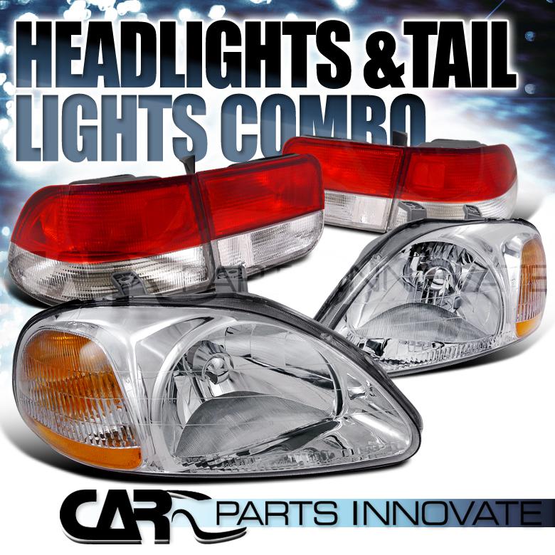 96-98 civic 2dr coupe jdm crystal chrome headlights+red/clear tail lamps