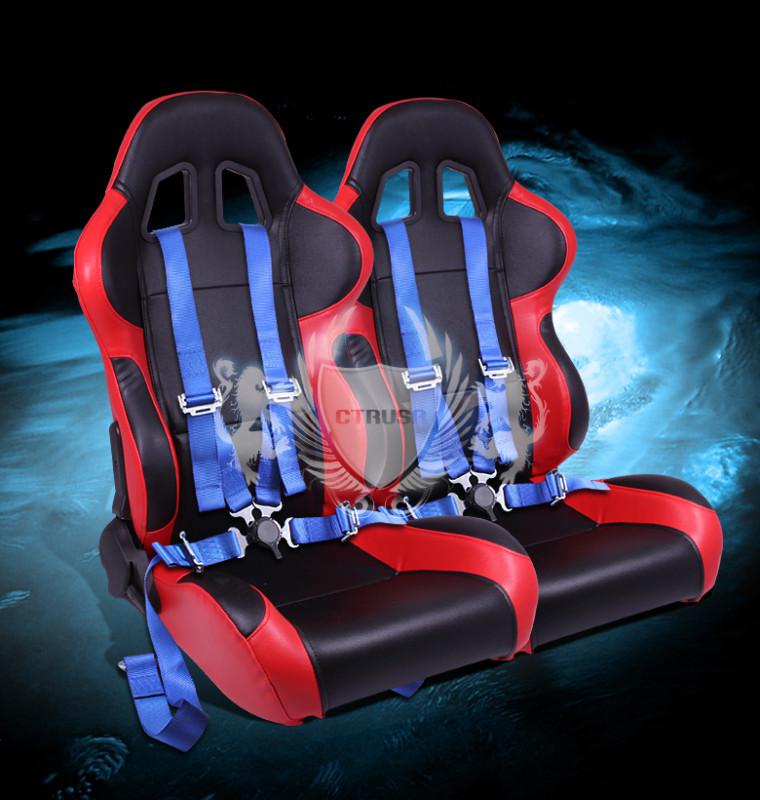 F1 2x blk/red turino sport racing bucket seat+4-pt blue belts camlock strap pair