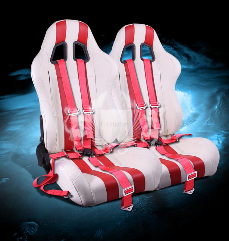 2x white/red stripe pvc leather racing belt seats + 5-pt red belt camlock strap