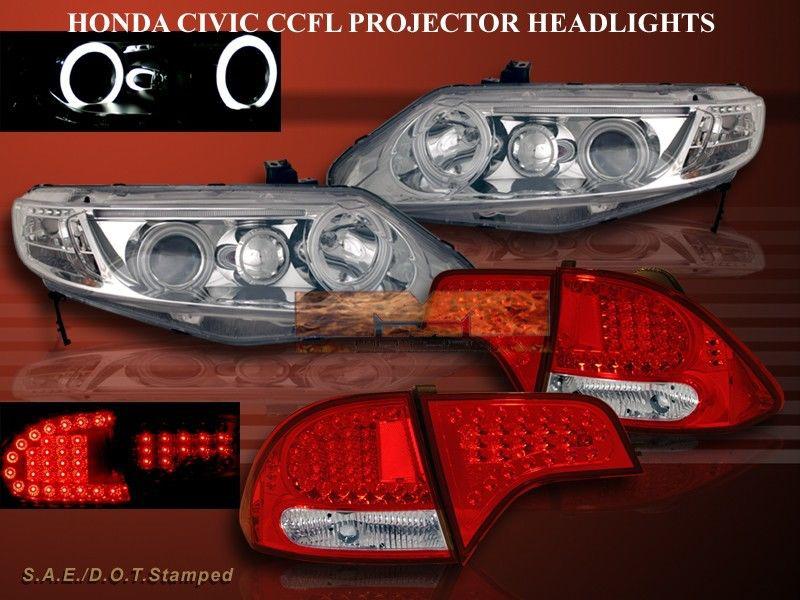 06-11 honda civic 4dr 2 ccfl halo projector headlights chrome+ led tail lights