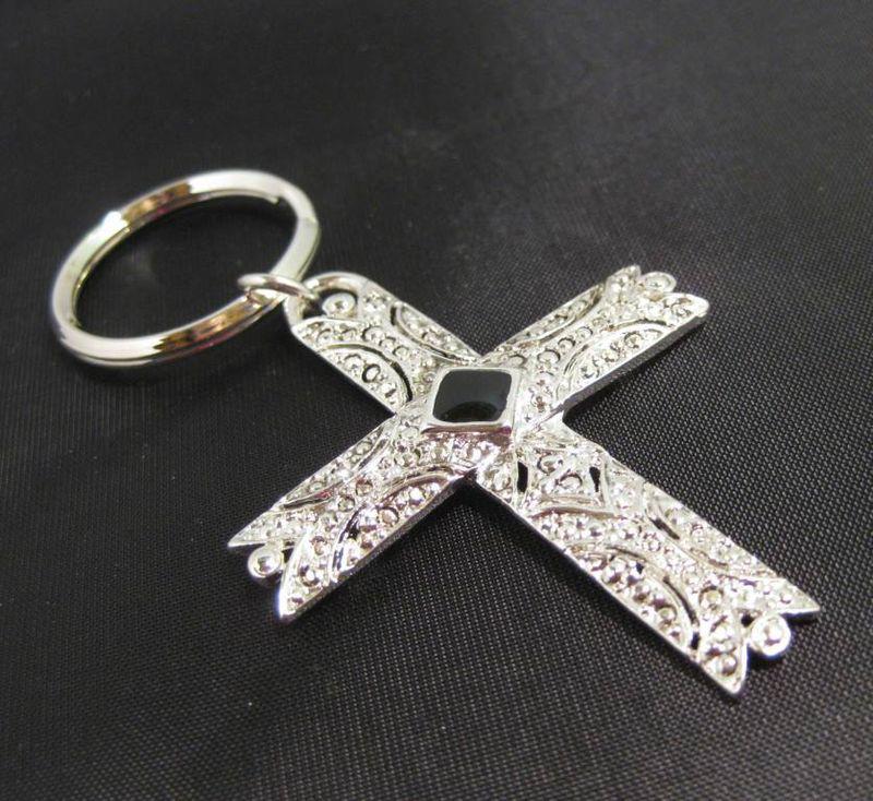 K45 shiny silver-toned cross key chain black enamel center let god's love shine!