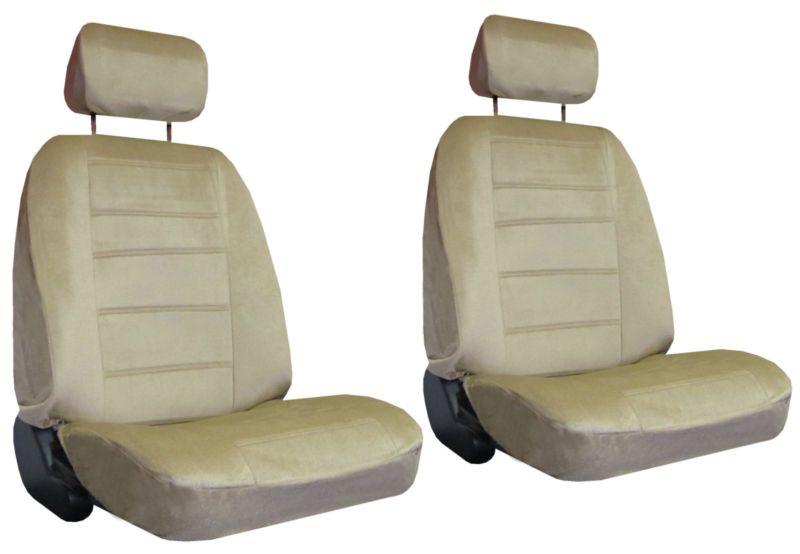 2 tan quilted velour car auto truck seat covers w/ head rest covers #3