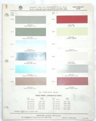 1959 chevrolet  ppg  color paint chip chart all models original 