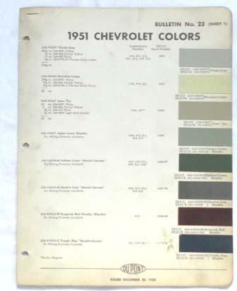 1951 chevrolet  dupont color paint chip chart all models original 