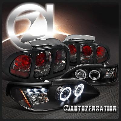 Ford 94-98 mustang black led halo projector headlight+smoke rear tail lights