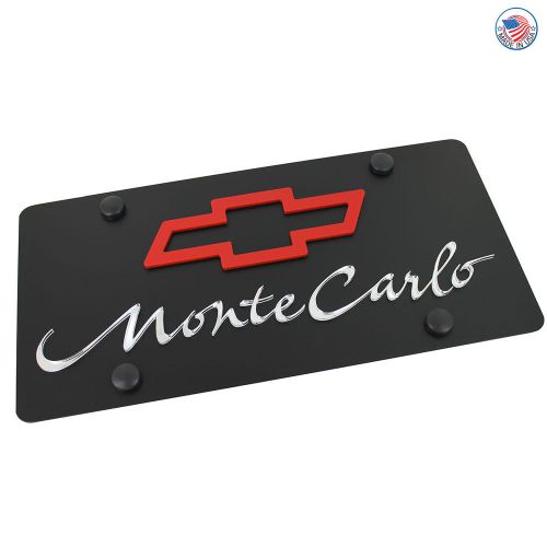 Chevy red bowtie + monte carlo name on carbon black stainless steel license plat