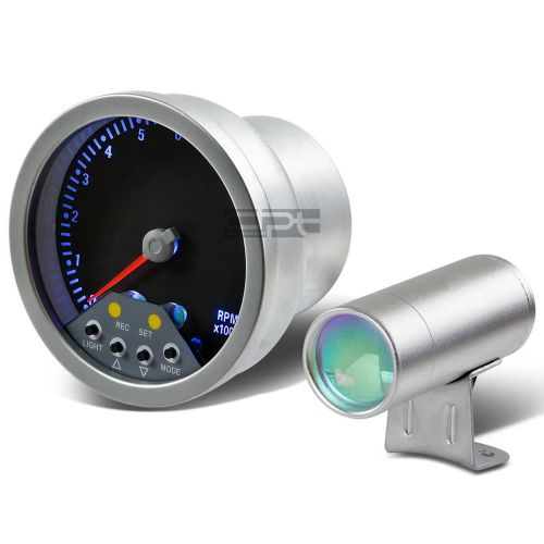 4&#034; silver 11k rpm redline analog blue glow tach tachometer gauge+led shift light