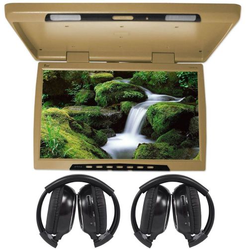 Tview 24&#034; beige/tan wide screen flip down car video monitor +2 wireless headsets