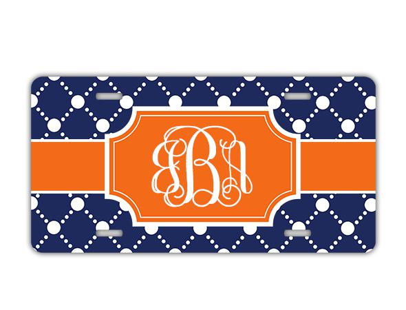 Personalized monogrammed license plate - navy w orange, monogram car tag (1004)