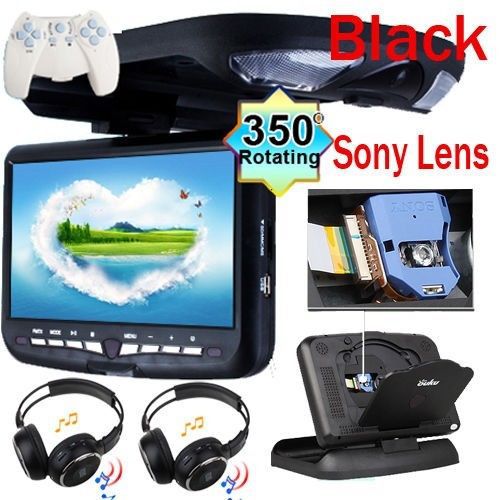 Black 9&#034; hd lcd car overhead cd dvd player tv ir fm games speaker headphones