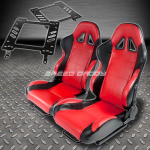 Pair type-5 reclining black red woven racing seat+bracket for 82-92 firebird